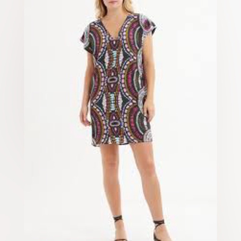 Marie Oliver Colorful Print Short Sleeve V Neck Shift Dress Womens Size S